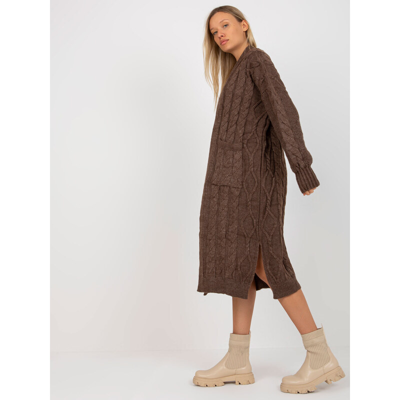 Fashionhunters RUE PARIS hnědý maxi cardigan s kapsami