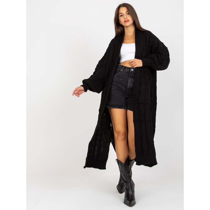 Fashionhunters Černý maxi cardigan s copánky RUE PARIS