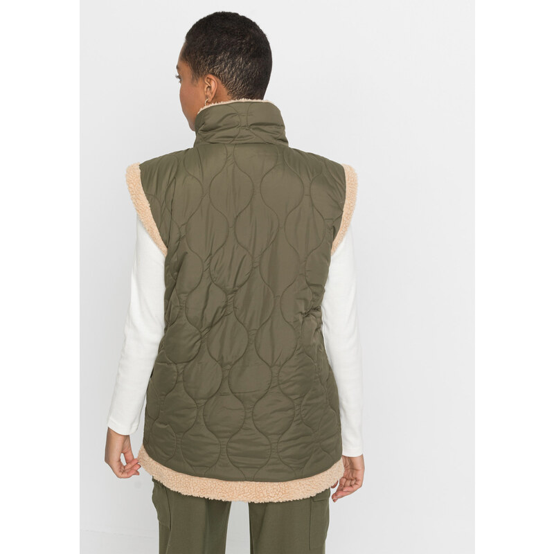 bonprix Oboustranná prošívaná vesta s umělou kožešinou Zelená