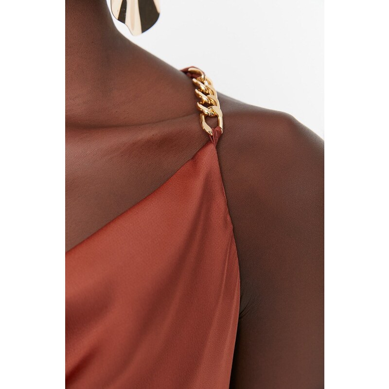 Trendyol Elegant Evening Dress with Cinnamon Satin Shoulder Detail