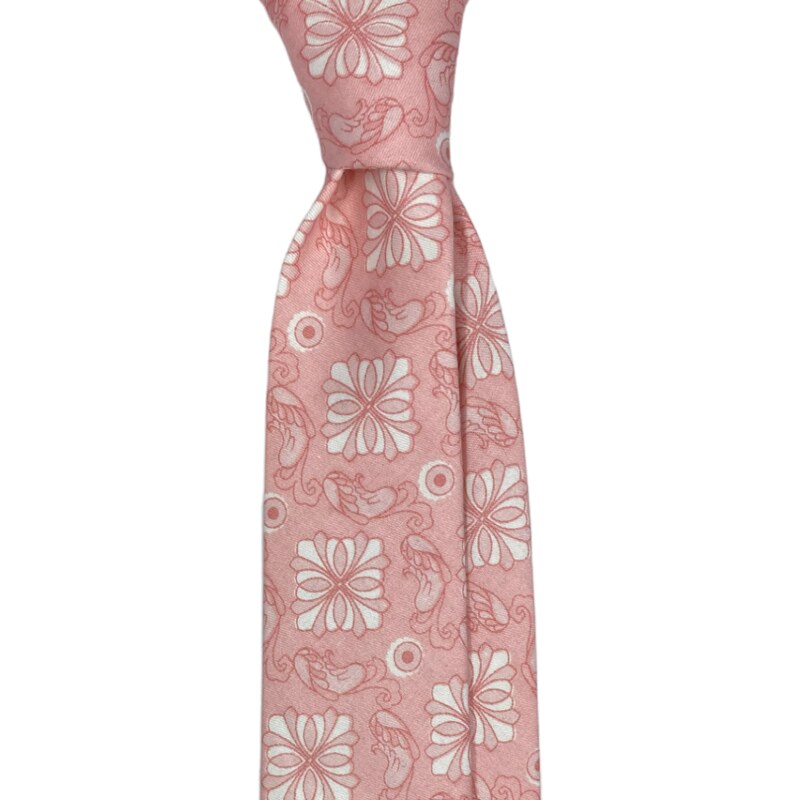 Kolem Krku Růžová bavlněná kravata s bílými květy