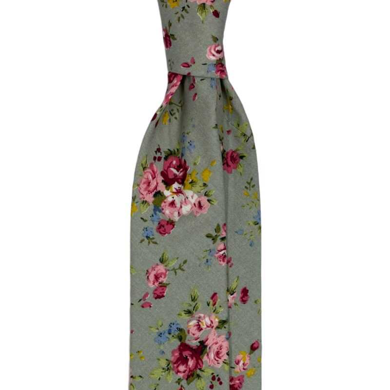 Kolem Krku Světle šedivá bavlněná kravata s květy