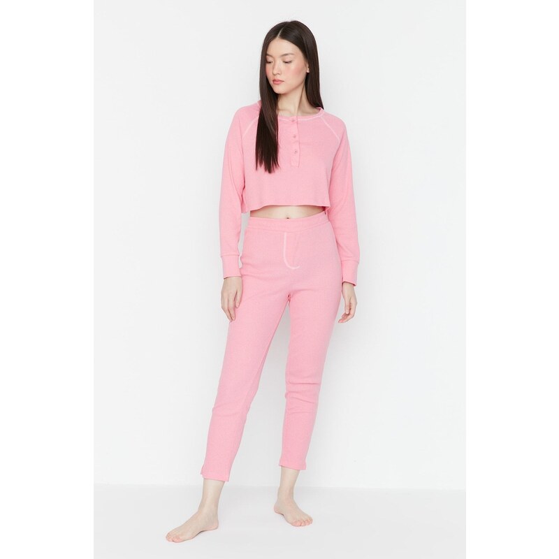 Trendyol Pink Button Detailed Crop Corduroy Pajamas Set