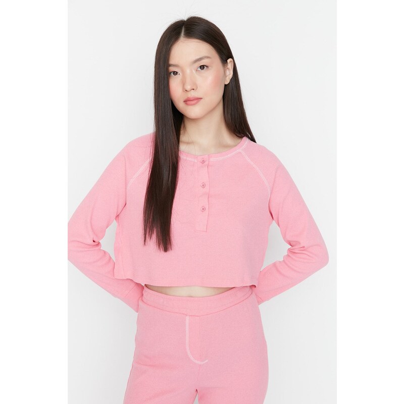 Trendyol Pink Button Detailed Crop Corduroy Pajamas Set
