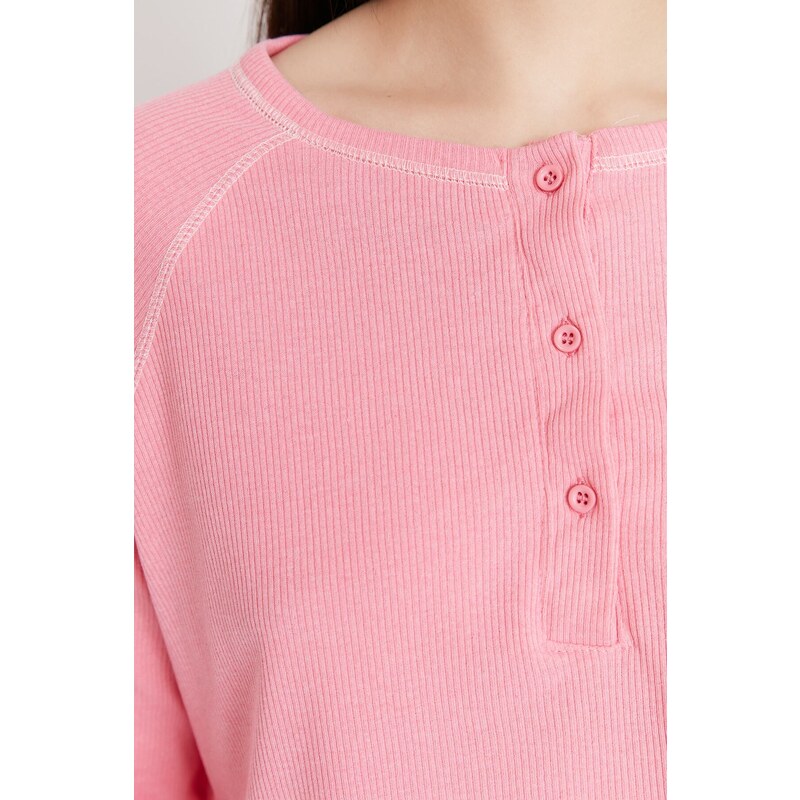 Trendyol Pink Button Detailed Crop Corduroy Pajamas Set