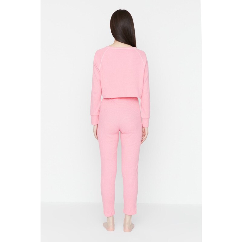 Trendyol Pink Button Detailed Crop Corduroy Pajamas Set