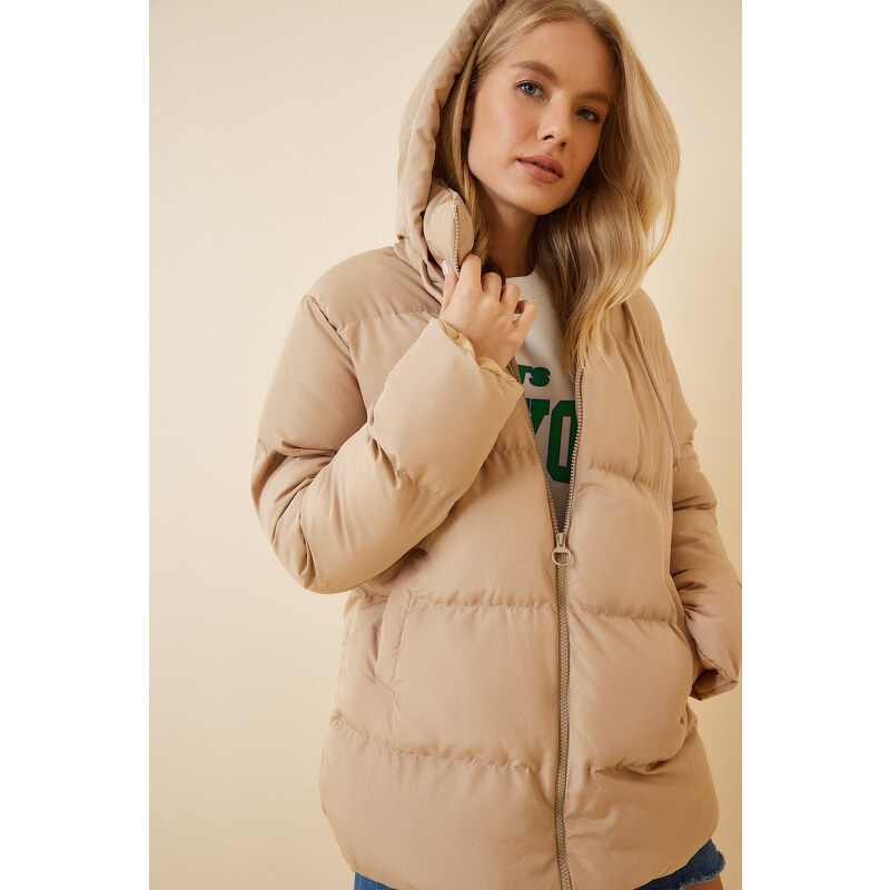 Happiness İstanbul Women's Cream Hooded Oversized Puffy Coat