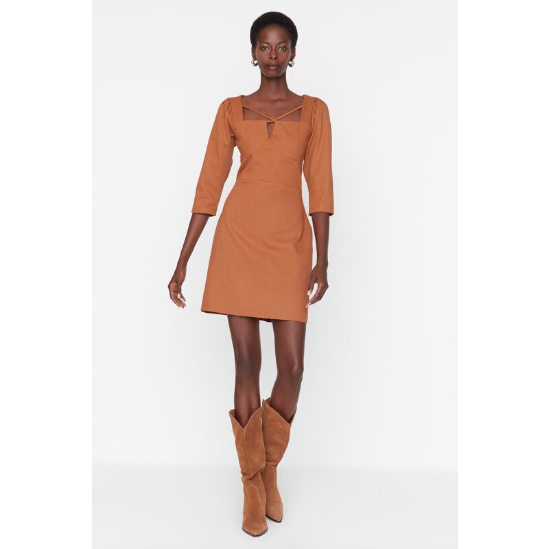 Trendyol Brown Piping Detailed Woven Dress