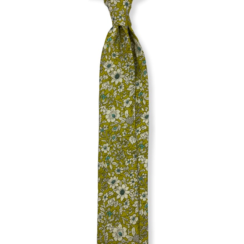 Kolem Krku Žlutá bavlněná kravata s květy