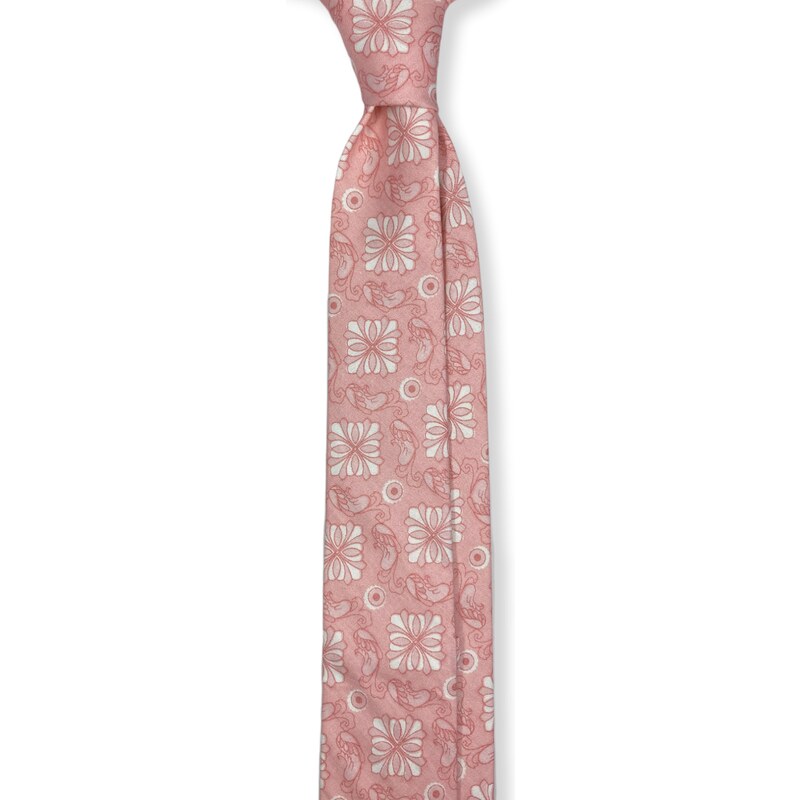 Kolem Krku Růžová bavlněná kravata s bílými květy