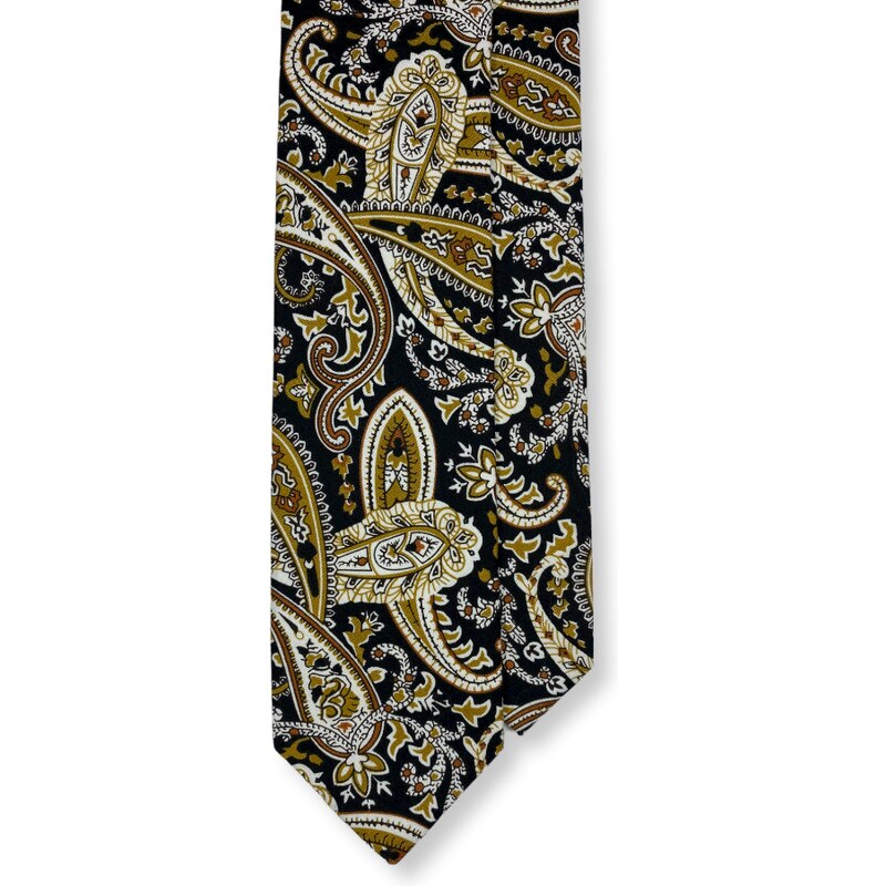 Kolem Krku Černá bavlněná kravata s okrovým paisley
