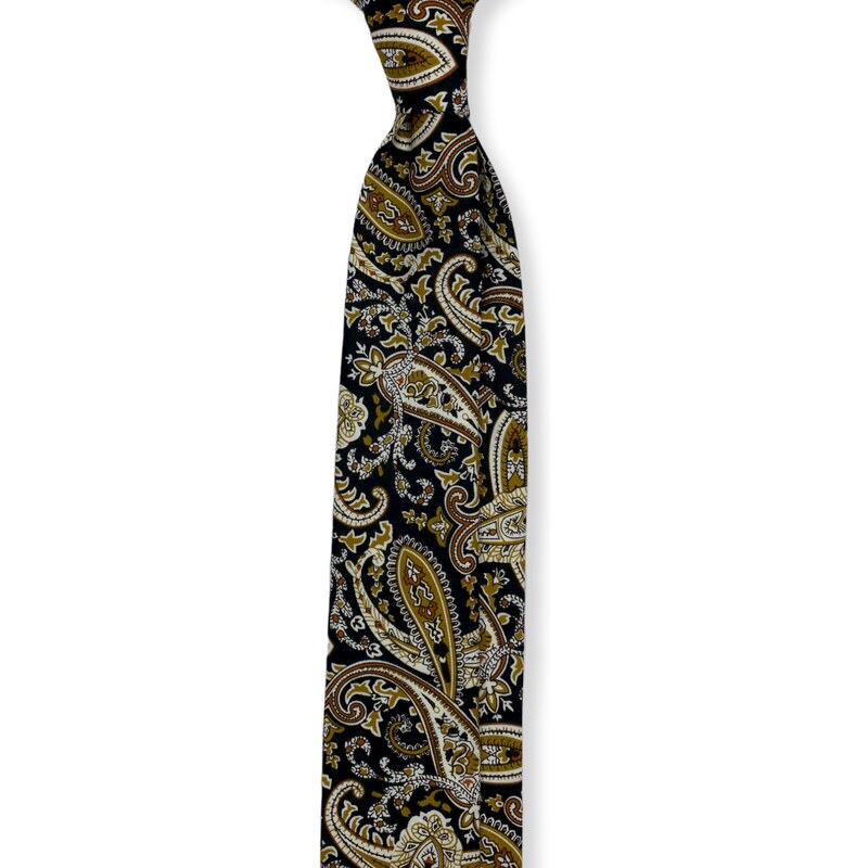 Kolem Krku Černá bavlněná kravata s okrovým paisley