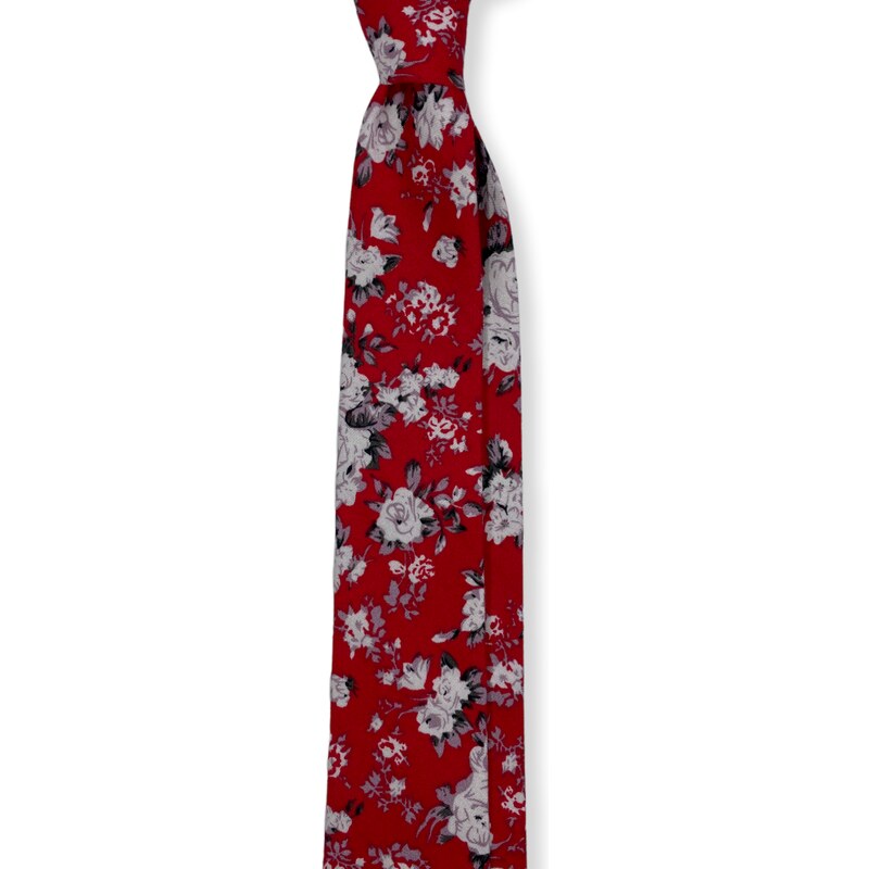 Kolem Krku Červená bavlněná kravata s bílými květy