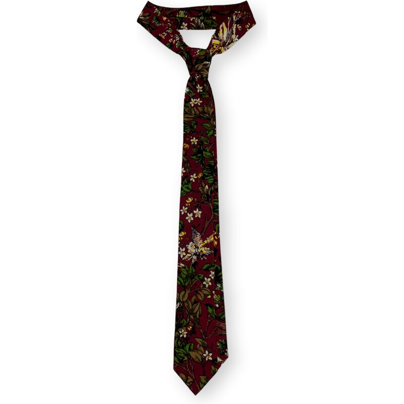Kolem Krku Tmavě červená bavlněná kravata s květy
