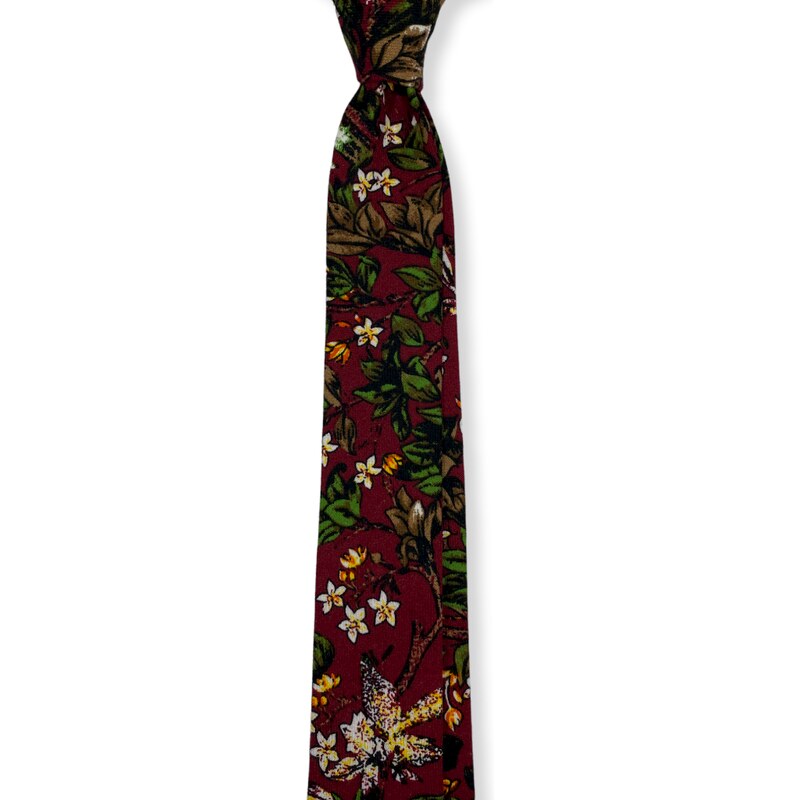 Kolem Krku Tmavě červená bavlněná kravata s květy
