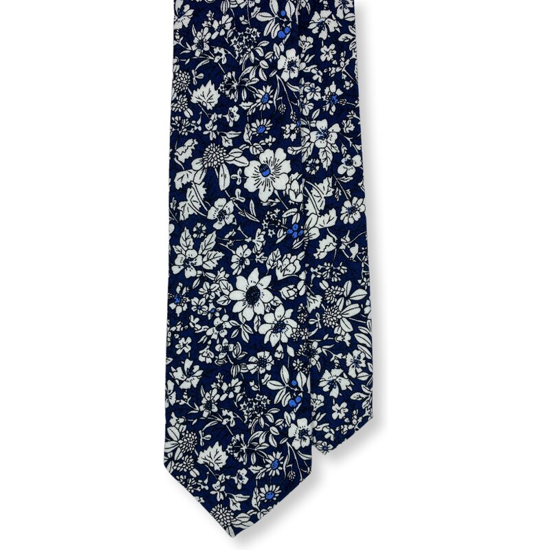 Kolem Krku Tmavě modrá bavlněná kravata s bílými květy