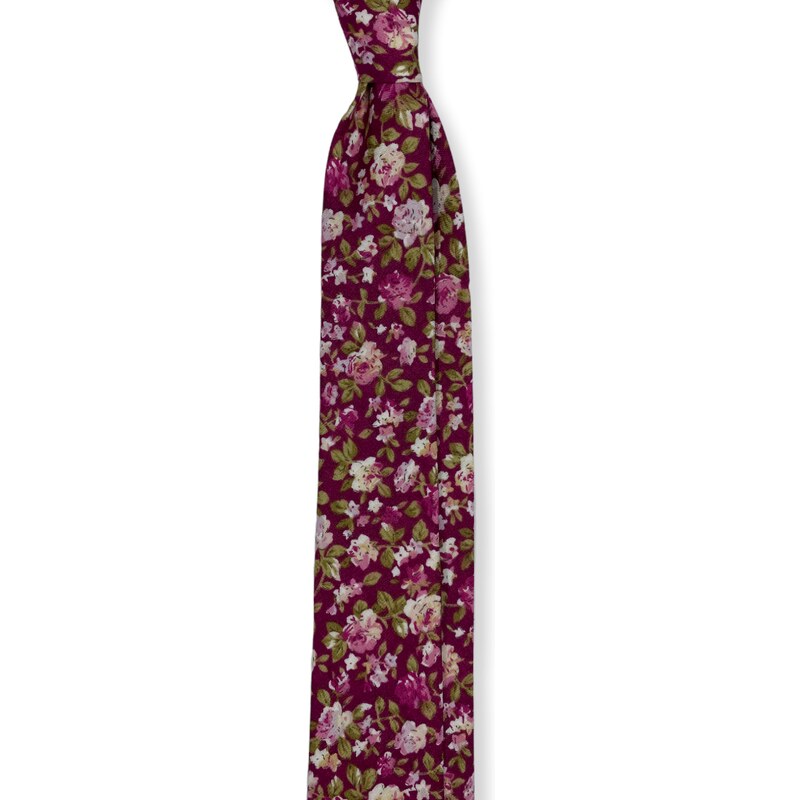 Kolem Krku Karmínově červená bavlněná kravata s květy
