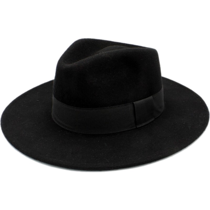 Dámský klobouk Fedora vlněný od Fiebig s širší krempou - černý s černou stuhou