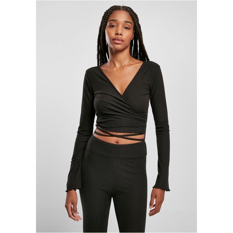Tričko Urban Classics Ladies Cropped Rib Wrapped Longsleeve - black