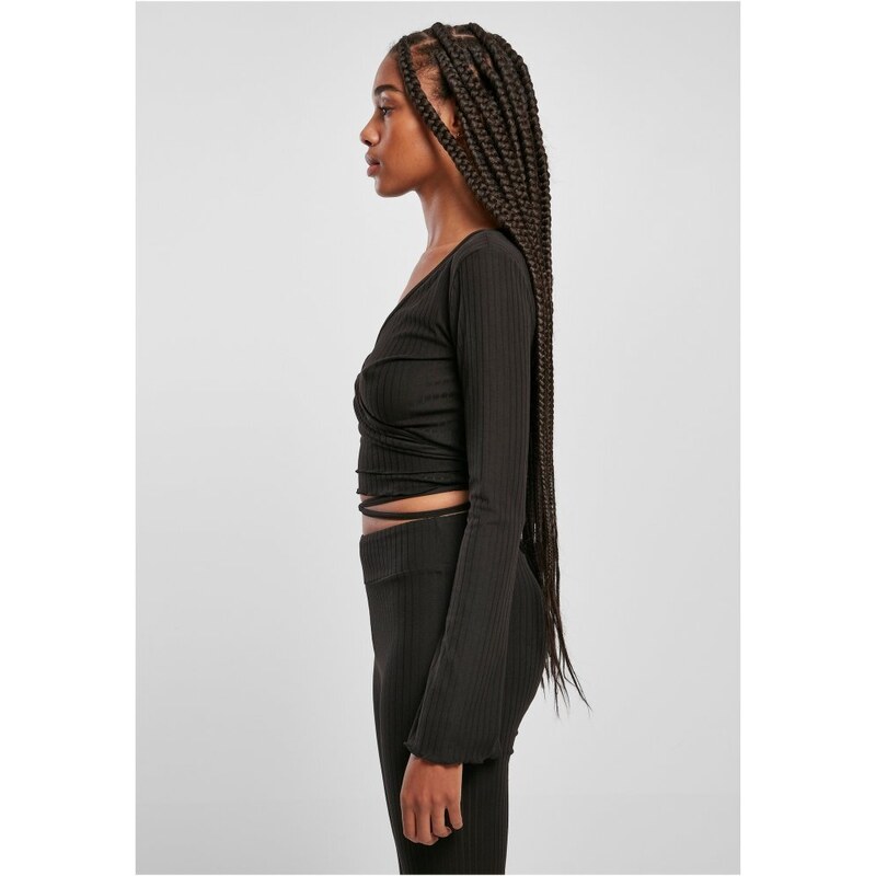 Tričko Urban Classics Ladies Cropped Rib Wrapped Longsleeve - black