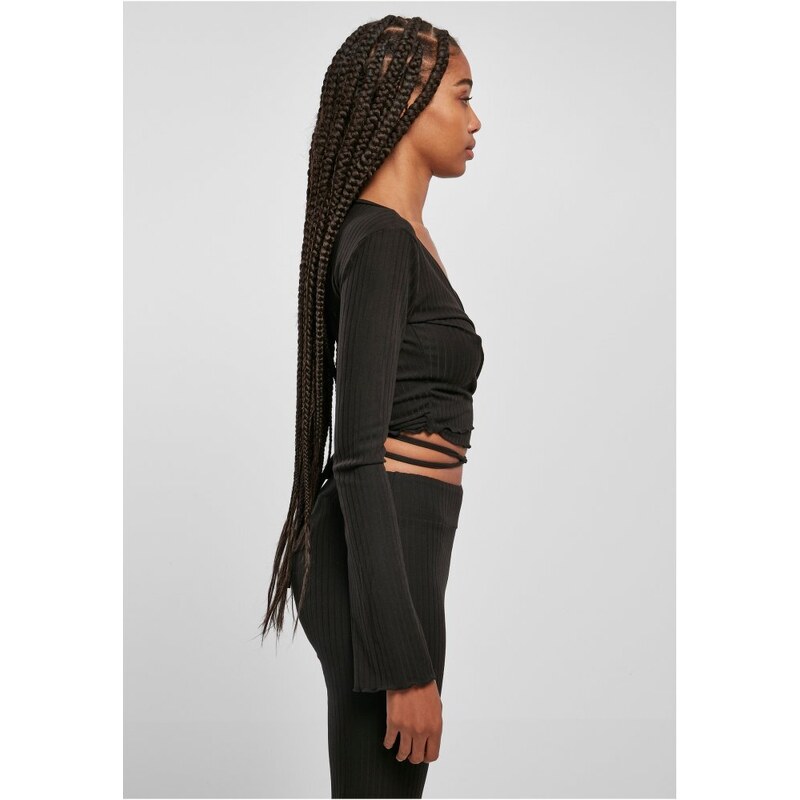 Tričko Urban Classics Ladies Cropped Rib Wrapped Longsleeve - black