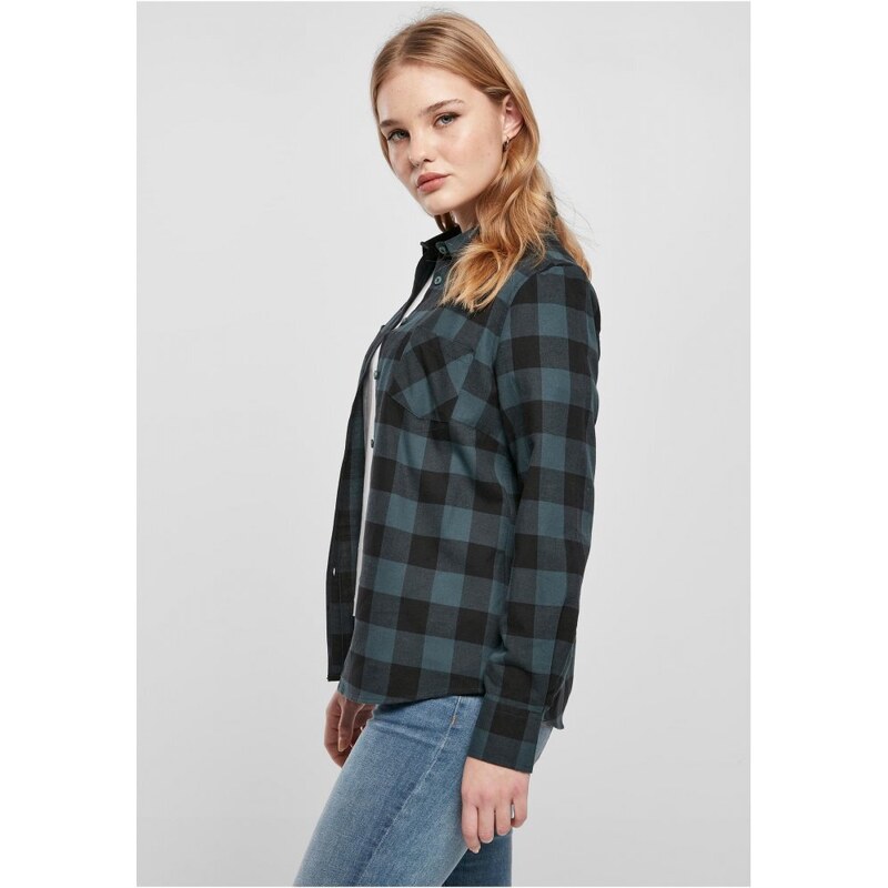 URBAN CLASSICS Ladies Turnup Checked Flanell Shirt - jasper/black