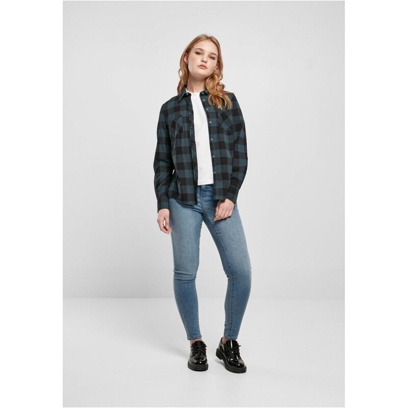 URBAN CLASSICS Ladies Turnup Checked Flanell Shirt - jasper/black