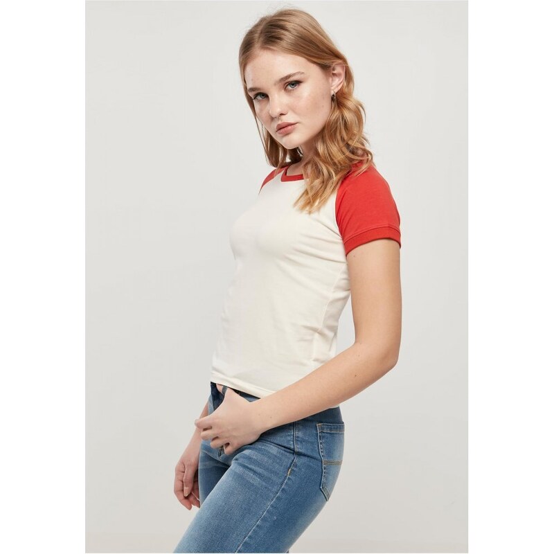 URBAN CLASSICS Ladies Organic Stretch Short Retro Baseball Tee - whitesand/hugered