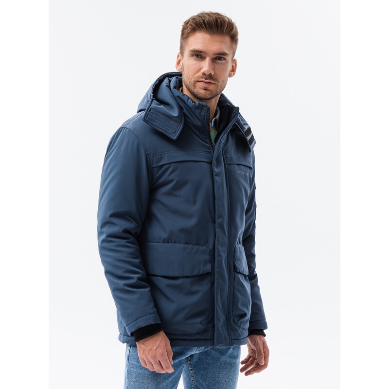 Ombre Clothing Pánská zateplená bunda s kapucí - tmavě modrá V4 OM-JAHP-0128