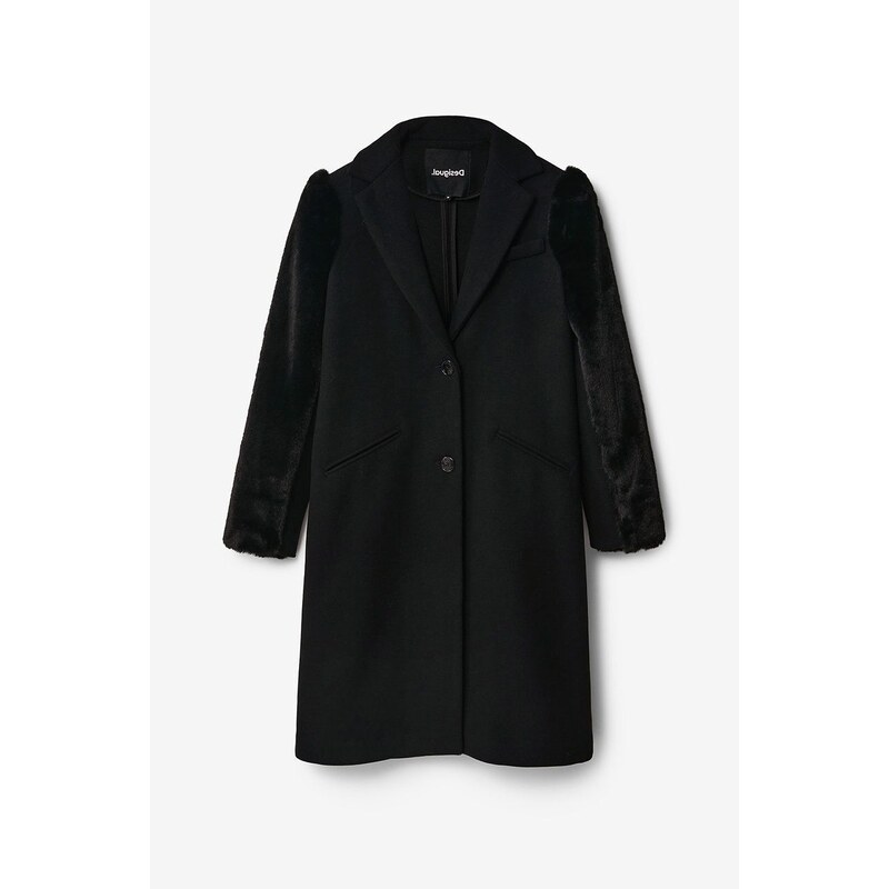 Vlněný kabát Desigual černá barva, přechodný