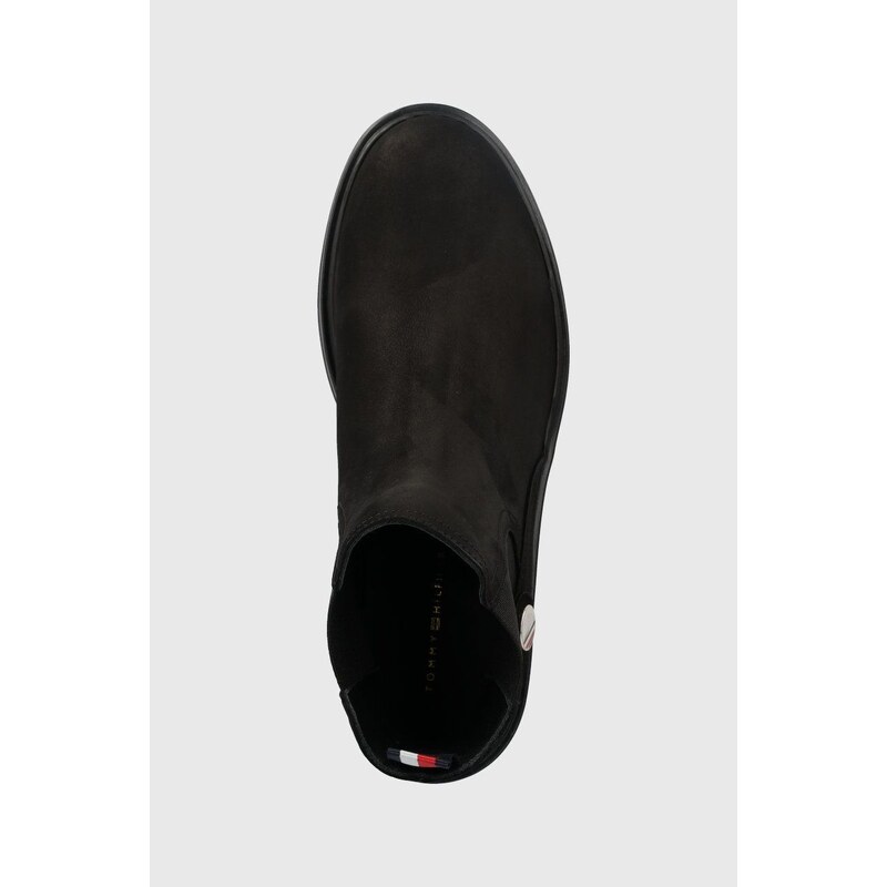 Semišové kotníkové boty Tommy Hilfiger Th Coin Flat Boot dámské, černá barva, na plochém podpatku