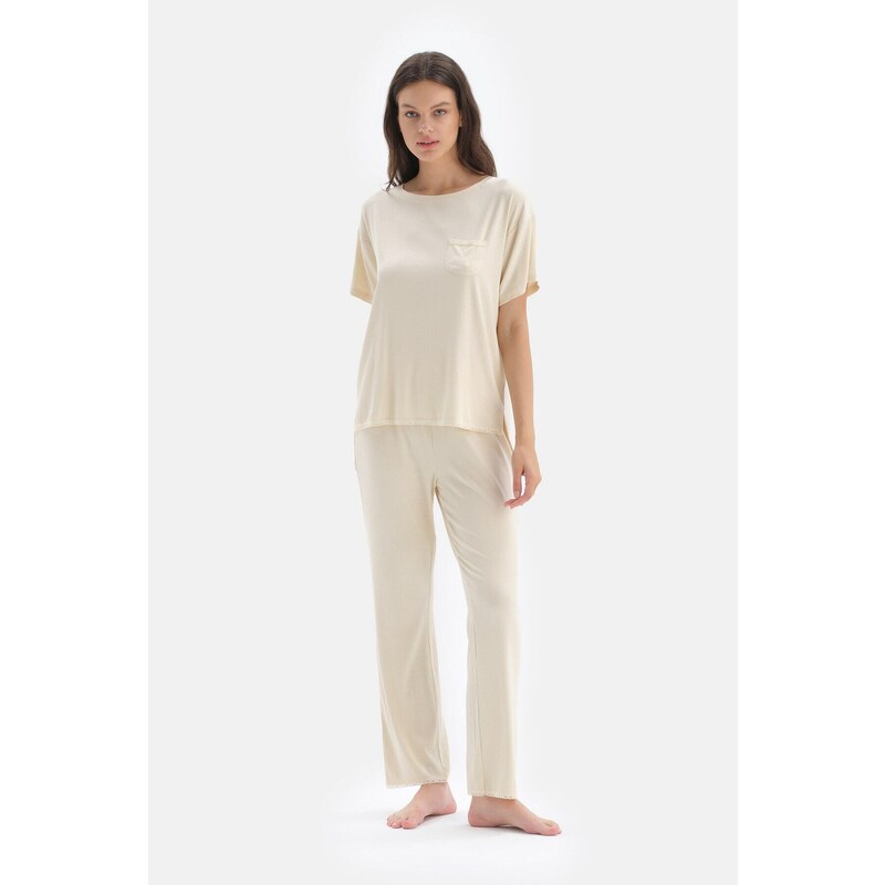 Dagi Ecru Short Sleeve Viscose T-shirt Pajama Top