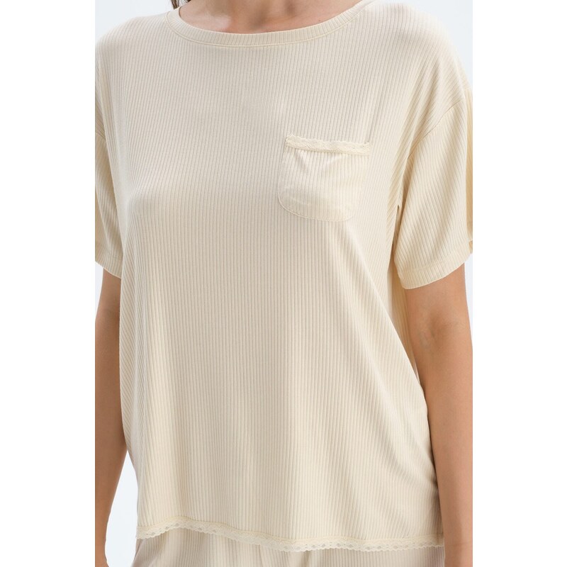 Dagi Ecru Short Sleeve Viscose T-shirt Pajama Top