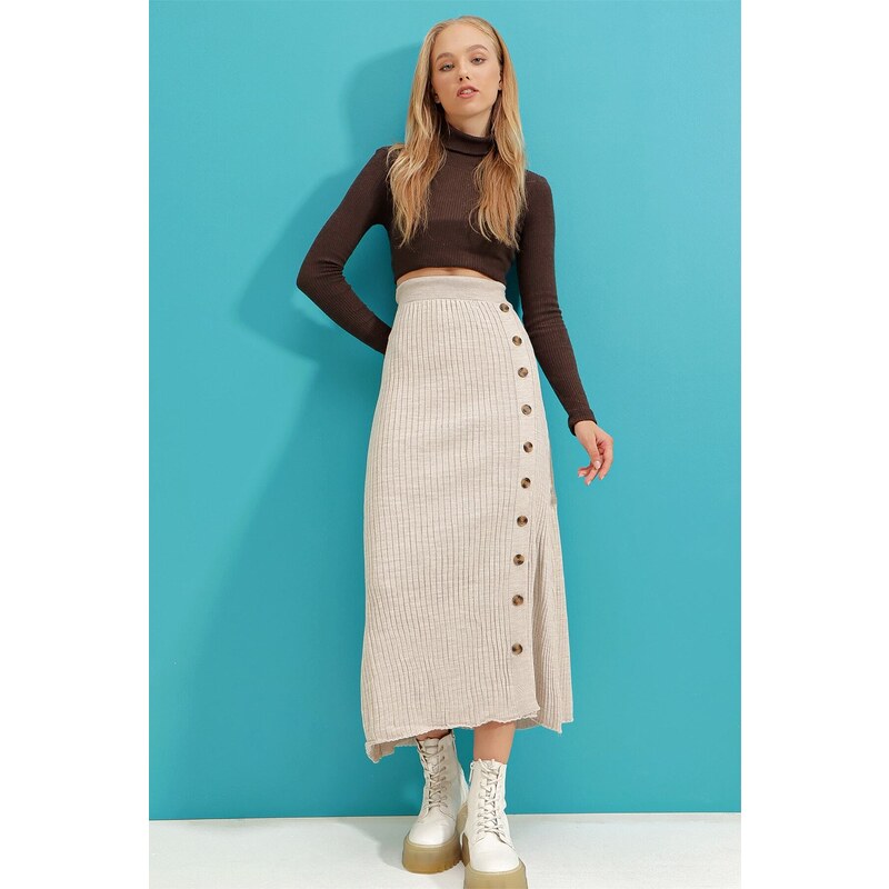 Trend Alaçatı Stili Women's Beige Button Detailed Knitwear Skirt