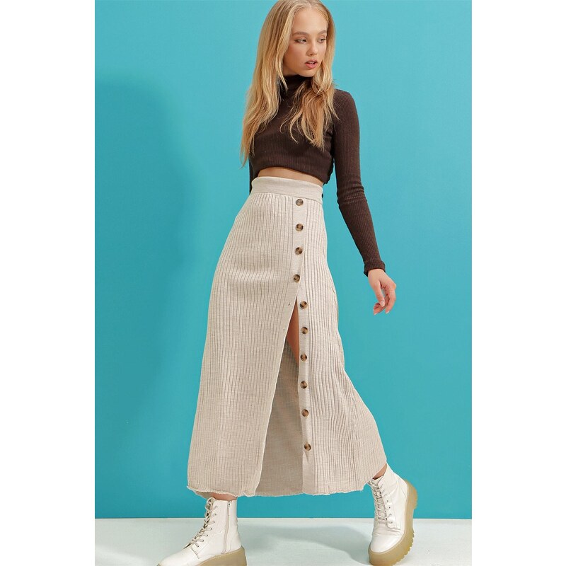 Trend Alaçatı Stili Women's Beige Button Detailed Knitwear Skirt