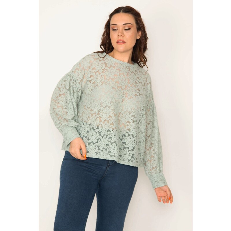 Şans Women's Plus Size Green Balloon Sleeve Lace Blouse