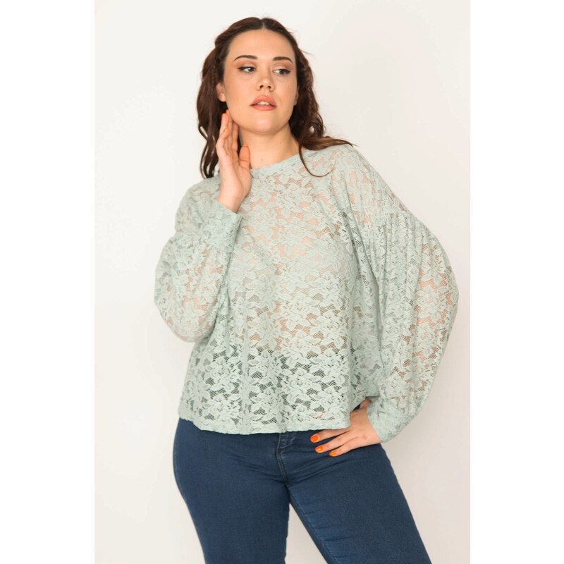 Şans Women's Plus Size Green Balloon Sleeve Lace Blouse