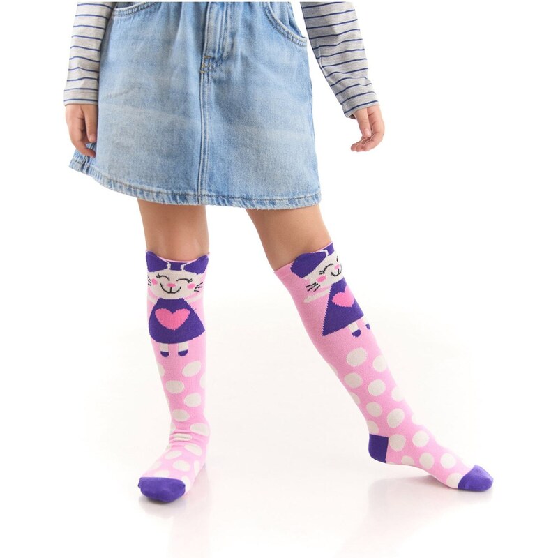 Denokids Naughty Cat Girl Child Pink Knee-Length Socks