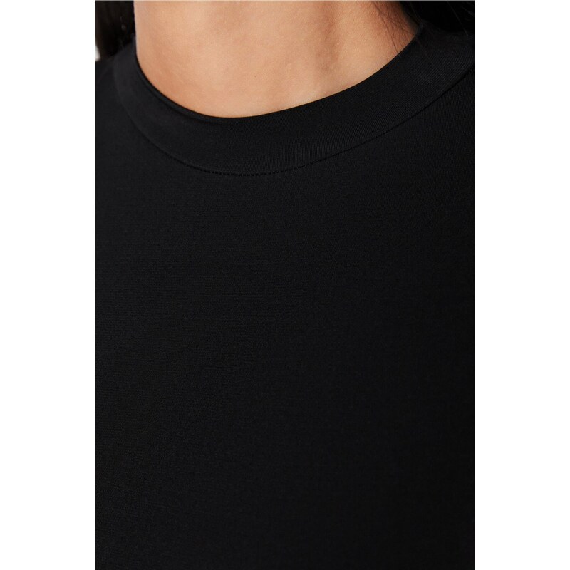 Trendyol Black With Shirring Detailed Sleeves, Fitted/Situated Stand Collar Crop Flexible Knitted Blouse