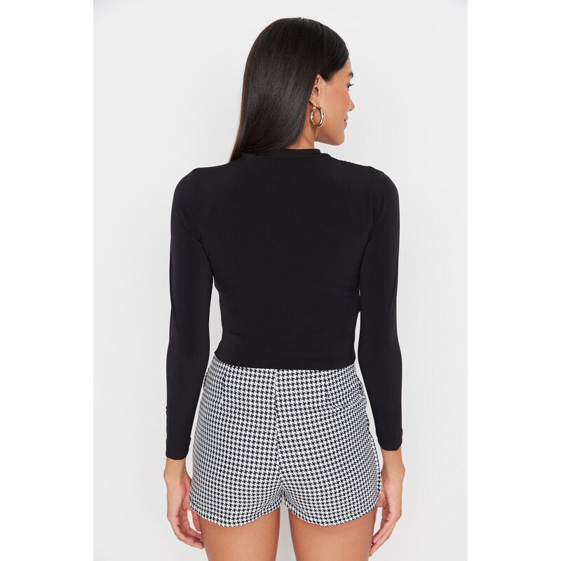 Trendyol Black With Shirring Detailed Sleeves, Fitted/Situated Stand Collar Crop Flexible Knitted Blouse