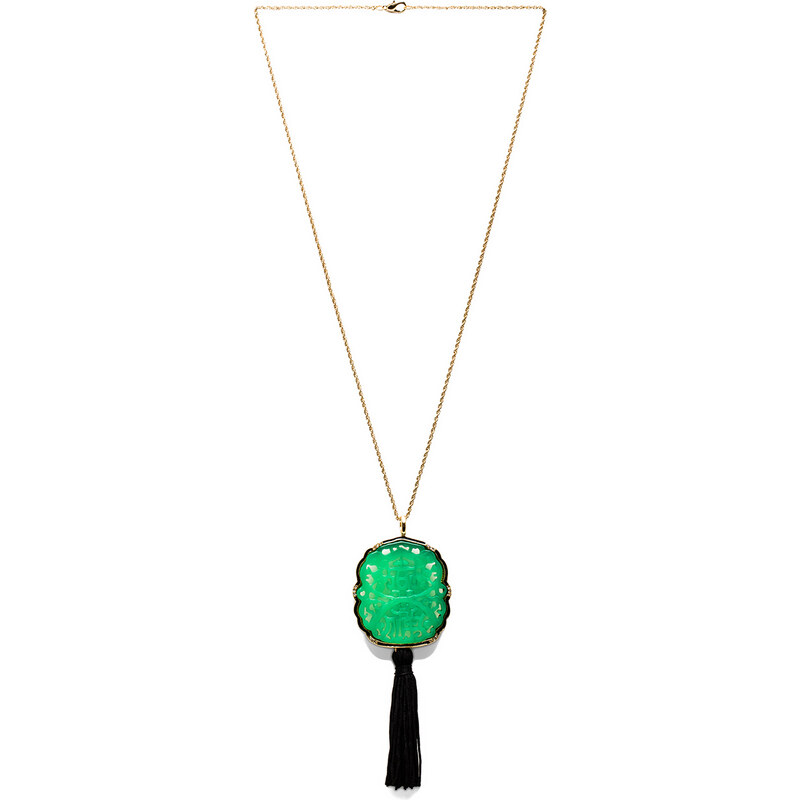 Kenneth Jay Lane Curved Jade Tassel Necklace with Gold Chain in Green