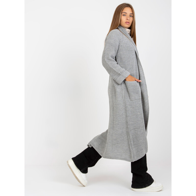 Fashionhunters Šedý maxi cardigan s přídavkem vlny OH BELLA