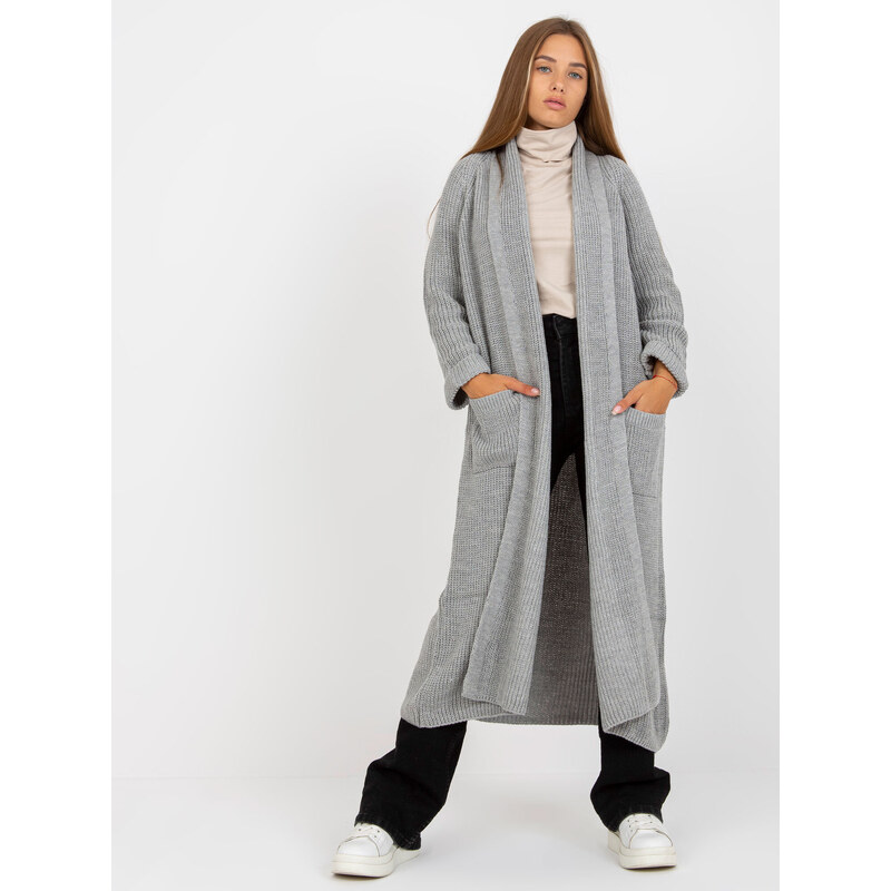 Fashionhunters Šedý maxi cardigan s přídavkem vlny OH BELLA