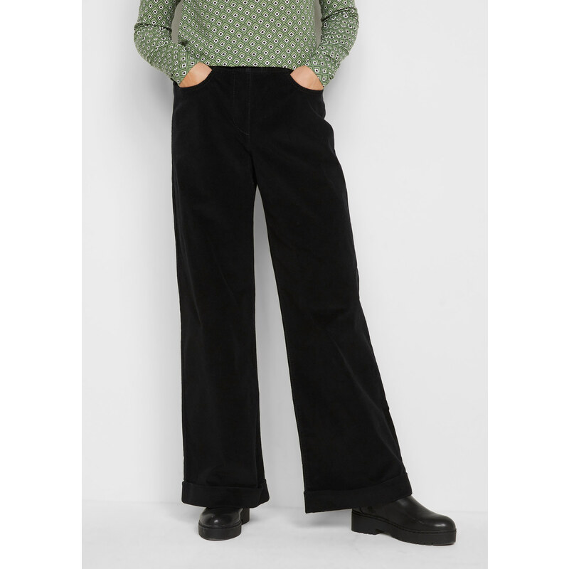bonprix Široké strečové manšestrové kalhoty, High Waist černá
