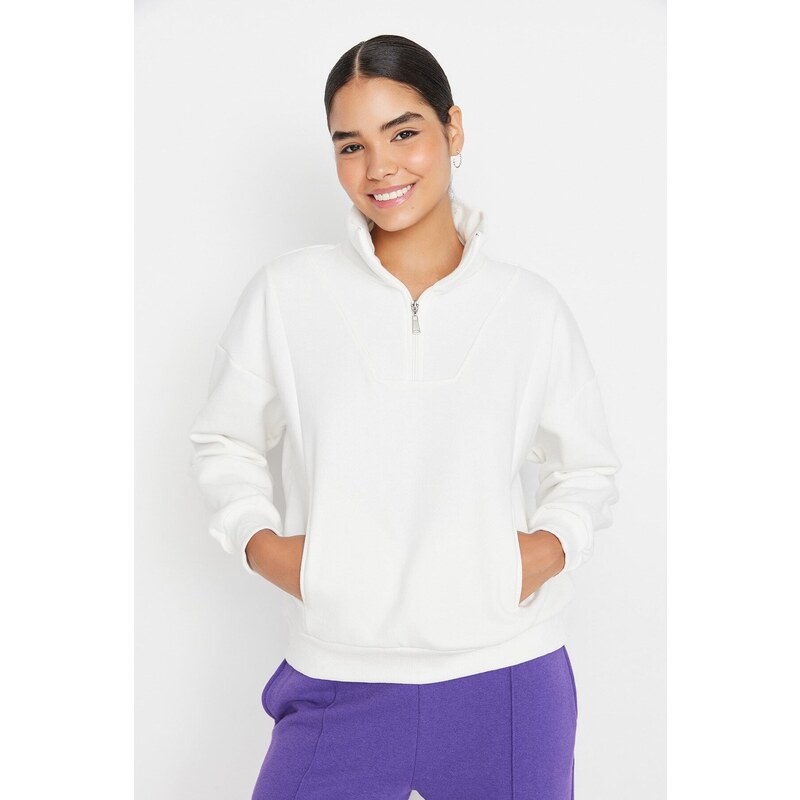 Trendyol Ecru Oversize/Wide Fit Zippered Stand-Up Collar Fleece Inner Knitted Sweatshirt
