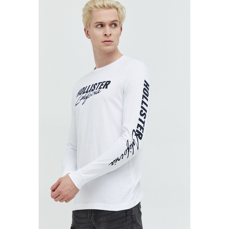 Bavlněné tričko s dlouhým rukávem Hollister Co. bílá barva, s potiskem