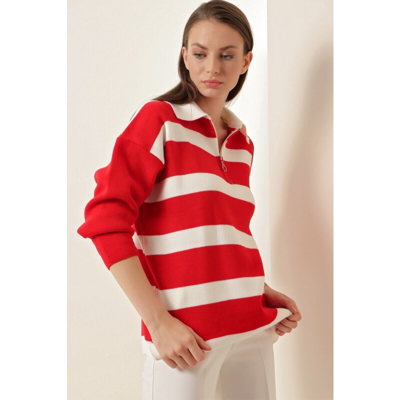 Bigdart 4512 Striped Oversized Sweater - Red