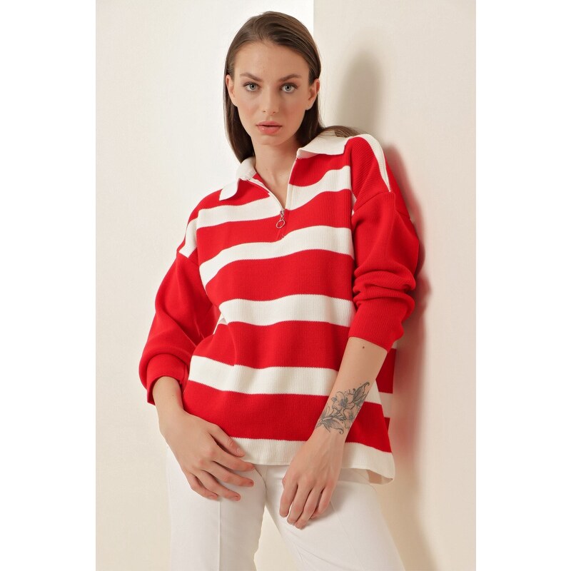 Bigdart 4512 Striped Oversized Sweater - Red