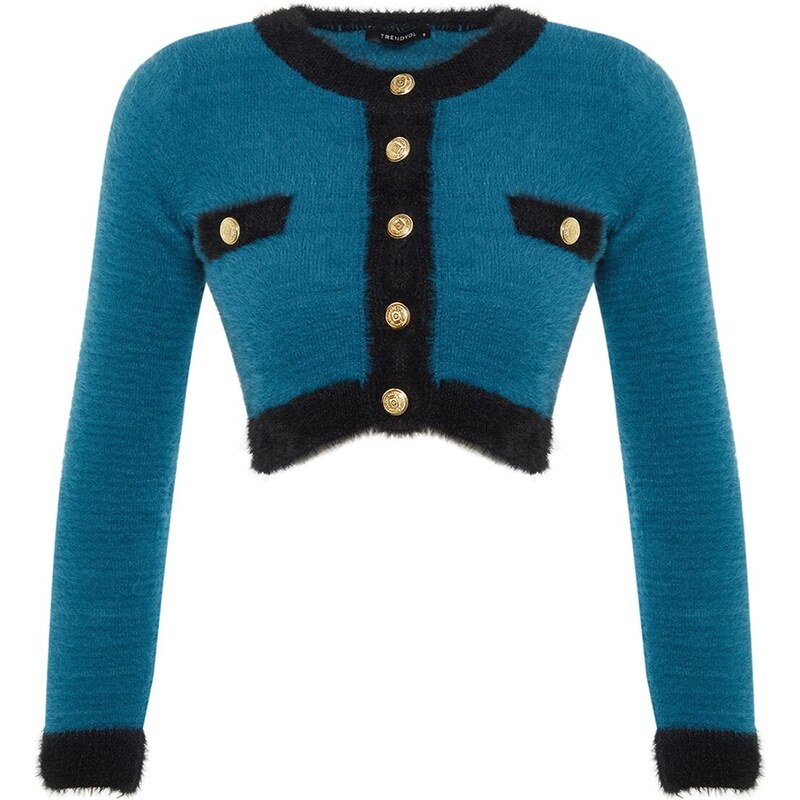 Trendyol Blue Super Crop Pile Knitwear Cardigan