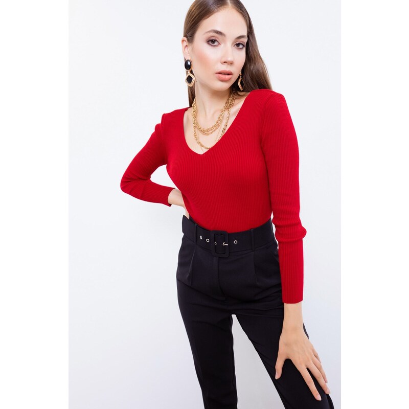 Lafaba Women's Red V-Neck Knitwear Sweater